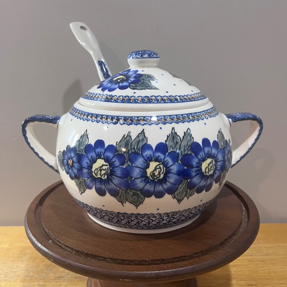 Vtg Polish Pottery Blue Floral Soup Tureen Set with Lid and Ladle Hand Painted